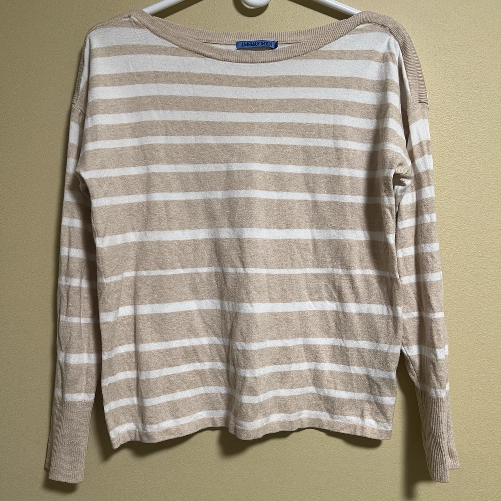 J McLaughlin Women's Sweater Stripe Tan Beige White Size Medium Cotton Blend